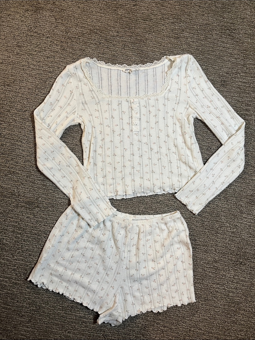 Pink Rose Cream Ribbed Lace-Trim Long Sleeve Top & Shorts Pajama Set
